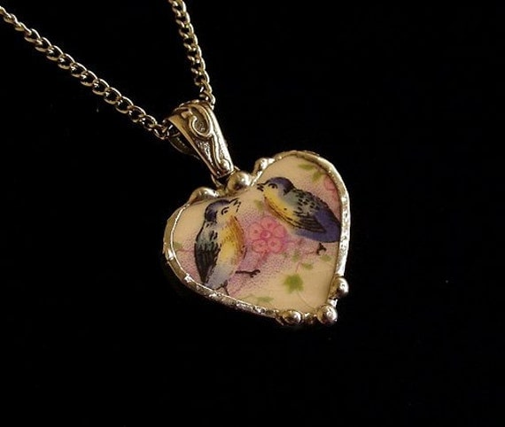 Broken china jewelry petite heart pendant necklace antique rare bluebird china