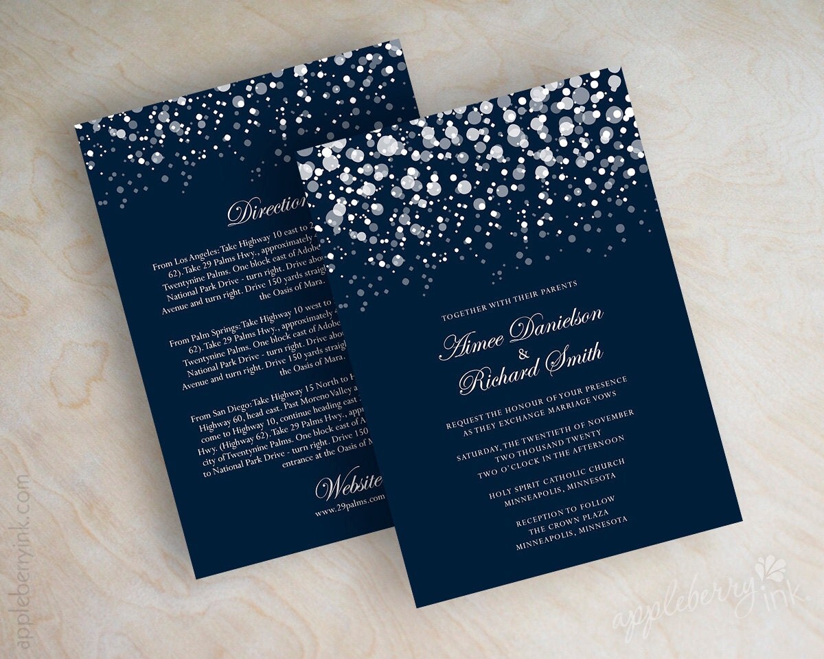 Polka dot wedding invitation, modern, snow, snowfall, snowy, starry night, twinkling lights, glitter wedding invitation, navy blue, Glitter