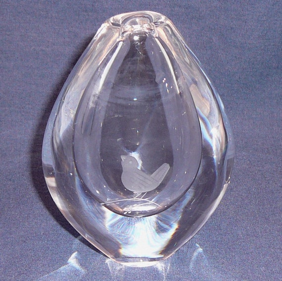 Vintage Orrefors Glass Vase Etched Bird on Branch