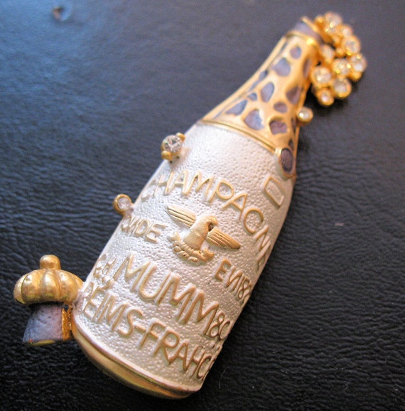 MUMM Champagne Bottle Brooch Vintage Enamel Crystal