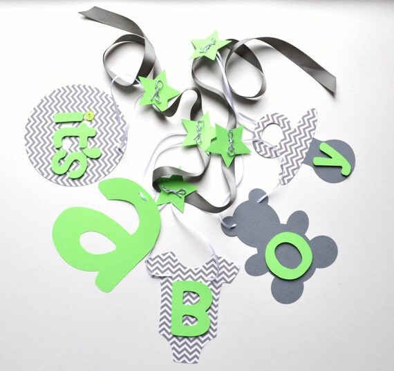 Baby shower decorations grey chevron and lime green It's a boy banner ParkersPrints on Etsy Il_570xn