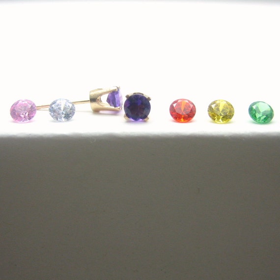 Cubic Zirconia14K Gold Stud Earrings - CZ - Green - Orange - Pink - Purple - Yellow - Gold Earrings - 3 mm - 4 mm - 5 mm - Post Earrings