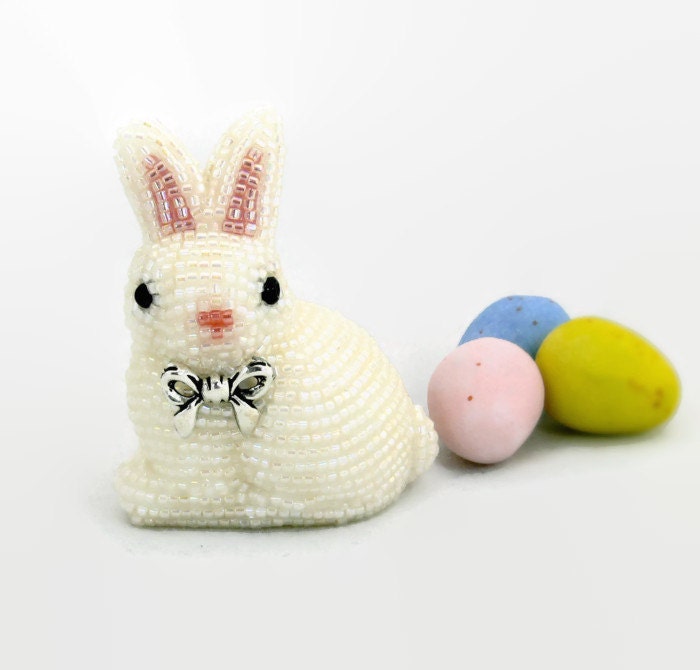 Easter Bunny Figurine Miniature Beaded White Rabbit