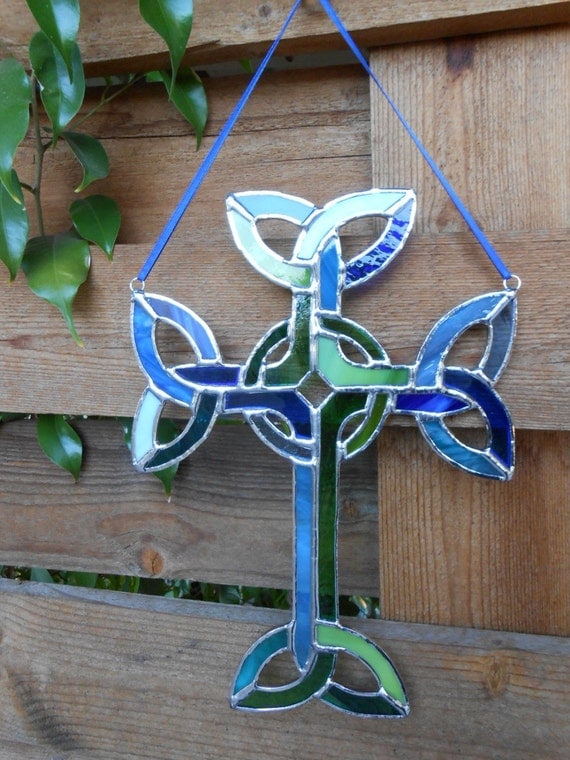 Stained Glass Celtic Cross BlueGreen Suncatcher