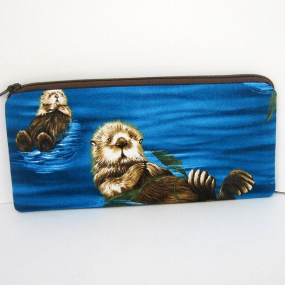 Sea Otter Pencil Pouch Long Zipper Pouch Blue Ocean