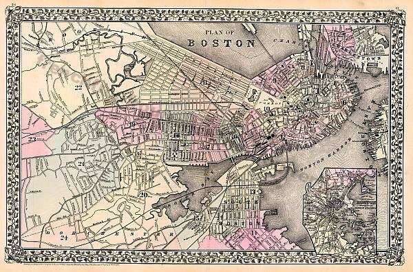 antique colored map boston massachusetts 1880 digital download