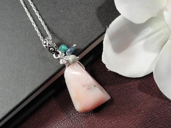 Pink Opal Pendant with Jade, Sodalite and Turquoise, Sterling Silver Chain Necklace, Therapeutic Gemstones, Wellness Jewelry