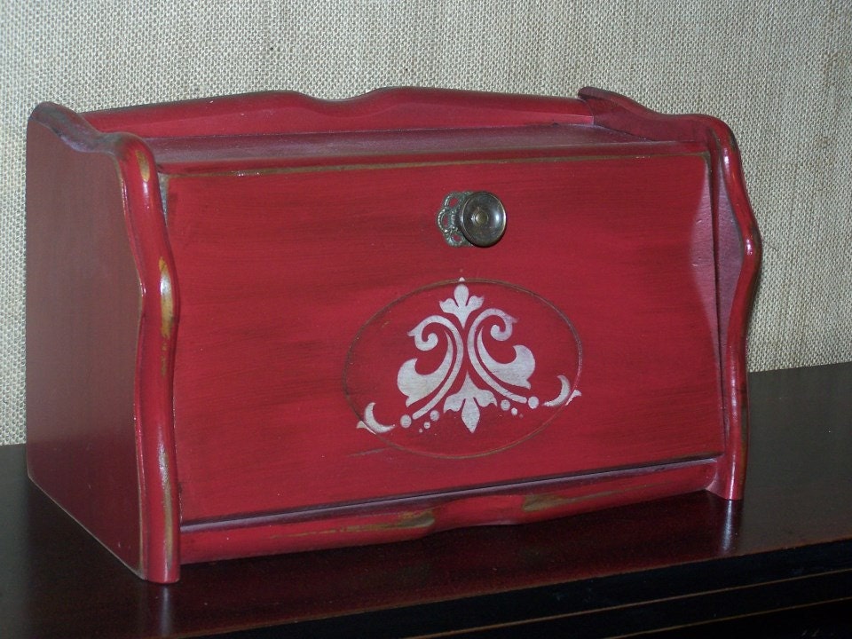 Hand Painted Vintage Red Bread Box Wood Red Breadbox