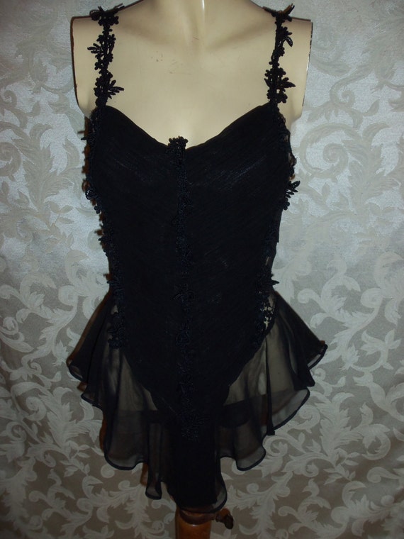 Vintage Black Chiffon and Lace Teddy