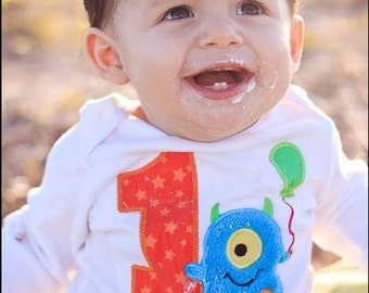 Little Blue Monster Birthday Shirt OR bodysuit - Monogrammed-Your Choice of Letters or Numbers