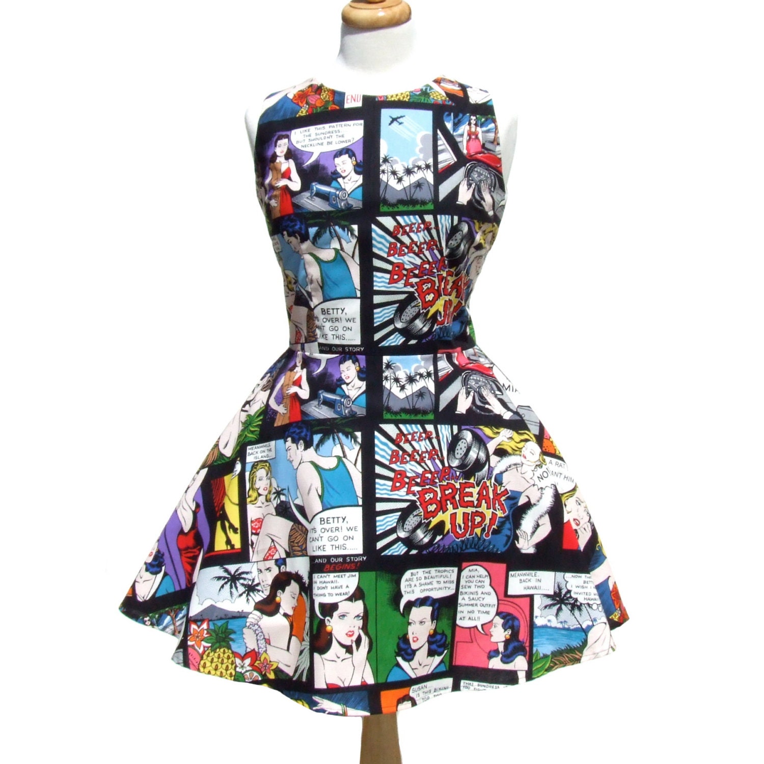 Retro Comic Strip Black Skater Dress