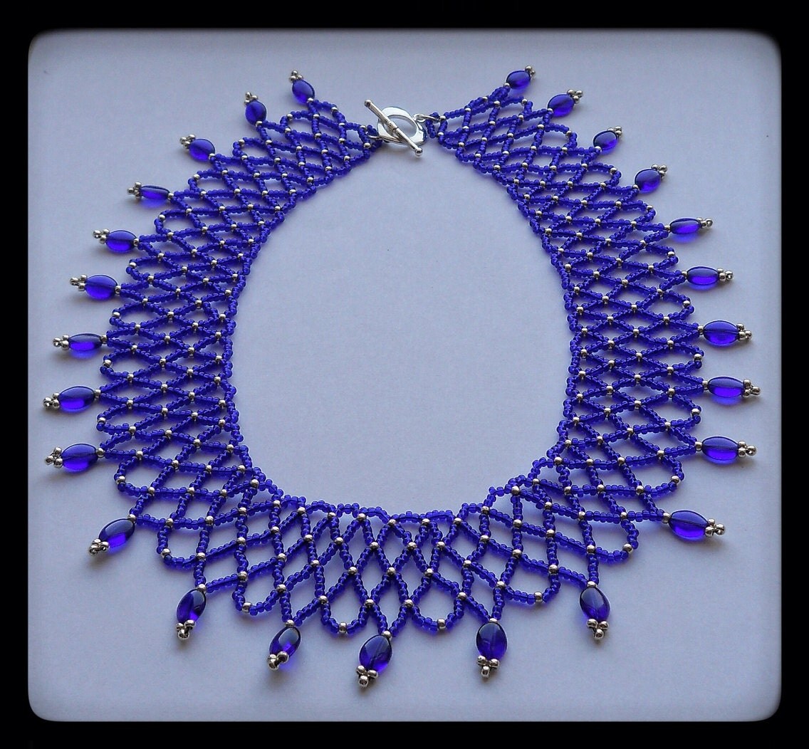 Cobalt Blue Beaded Collar Necklace Wide Collar Necklace Blue