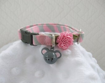 Cat Collar Pink & Grey Zebra with mouse bell Breakaway Collar Custom Made