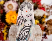 Cat Brooch, Miniature Girl, Animal Pins, Bird, Air Dry Clay, Cat Lover Gift, Pencil Drawings, Gifts for Her, Vogel Brosche, Oiseaux Dessin