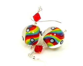 Rainbow Earrings, Colorful Glass Earrings, Lampwork Earrings, Rainbow Jewelry, Glass Bead Earrings, Beadwork Earrings, Retro Jewelry