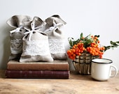 Natural Gray Linen Favor Bag, Wedding Sachet, Small Gift Bag, Handmade with White Lace and Band, Linen Bag, Rustic Decor