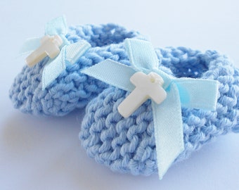 Boy baptism decorations: mini knit light blue mini booties with blue bows and cream MOP crosses - 2 inches
