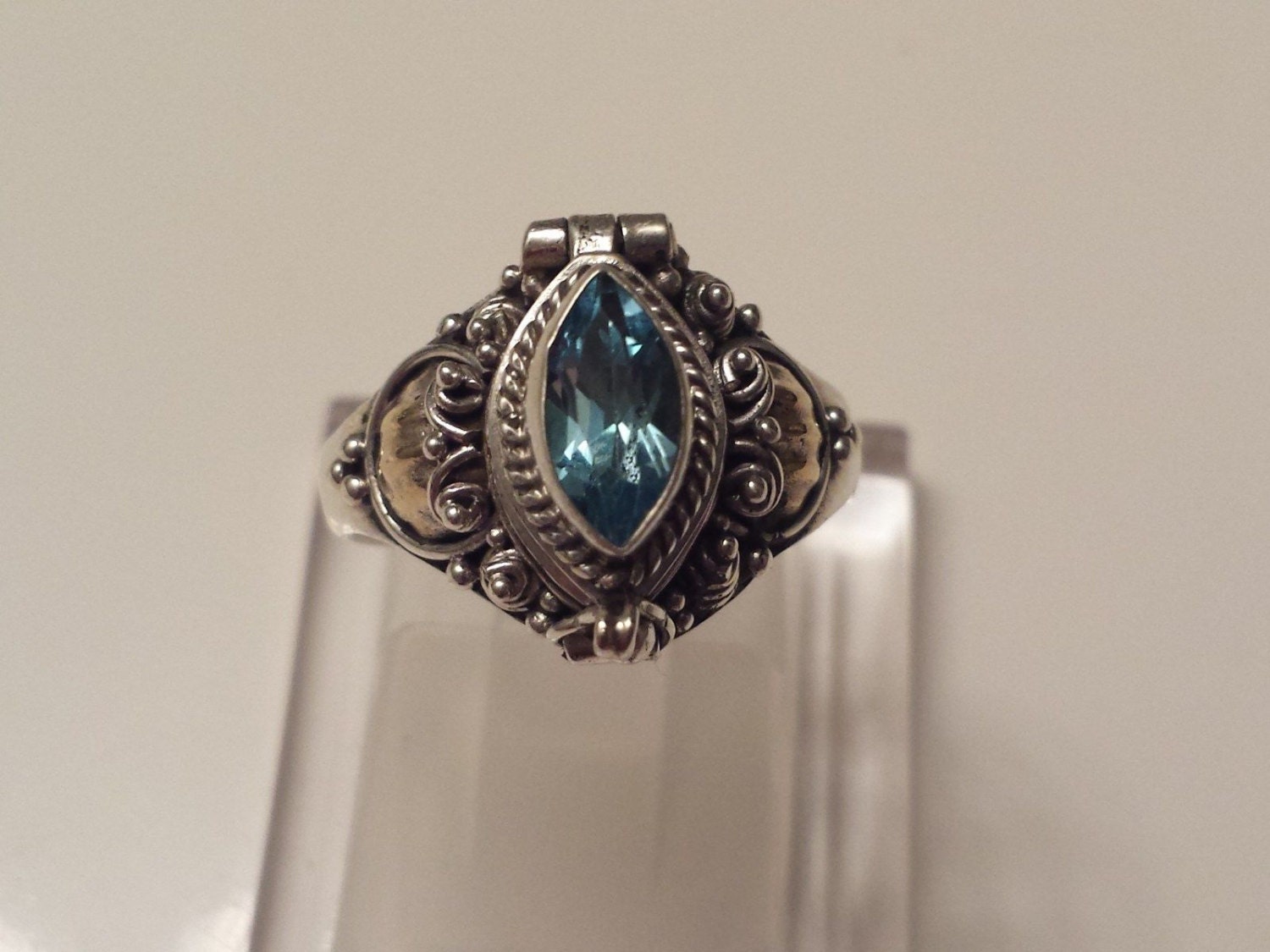 Vintage Sterling Silver Poison Ring with Blue Topaz Stone sz