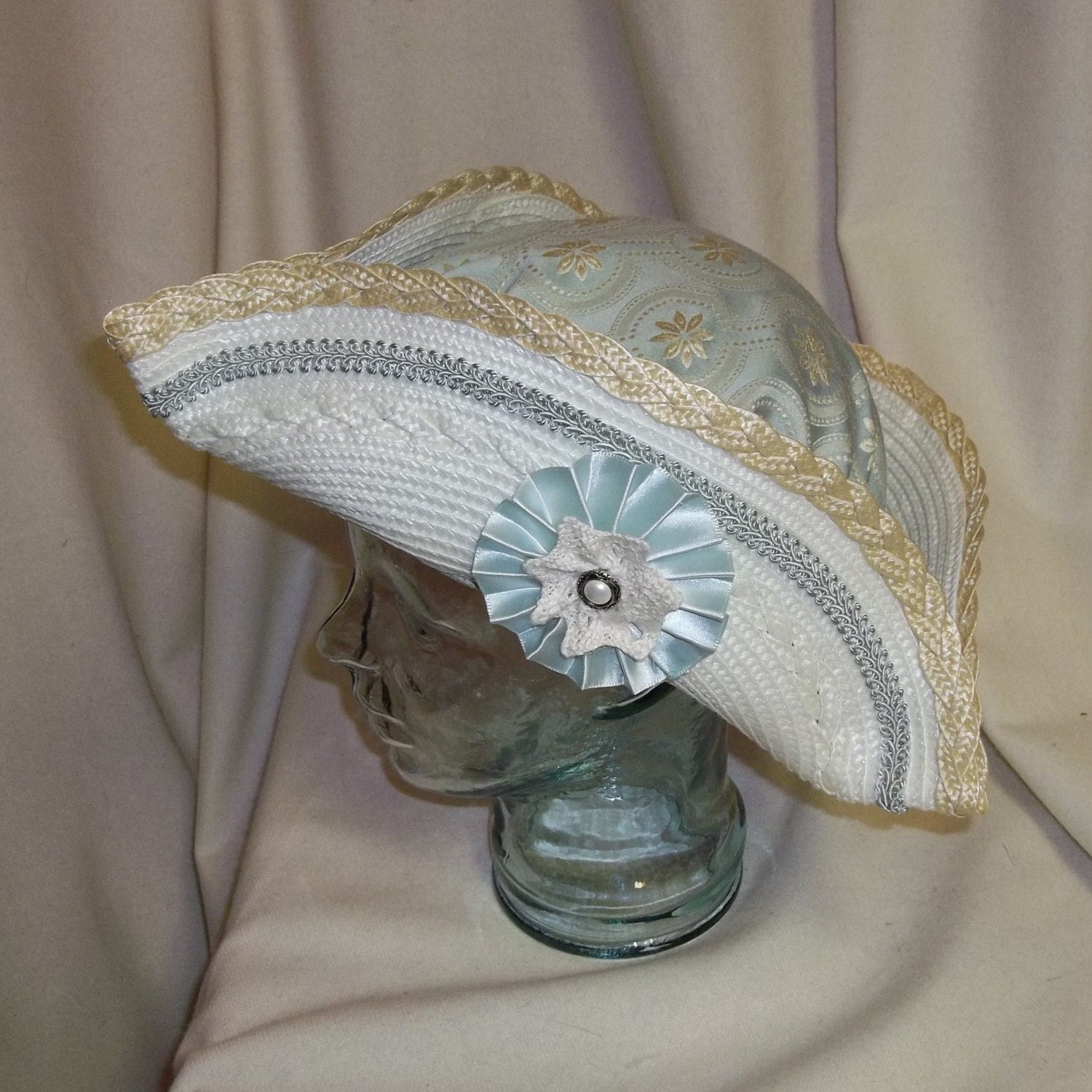 Aqua Blue and White Pirate Hat Straw and Brocade Tricorn