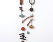 Long Necklace, Green and Natural Leather  Cord, Gemstones,  From the "mobile"series.