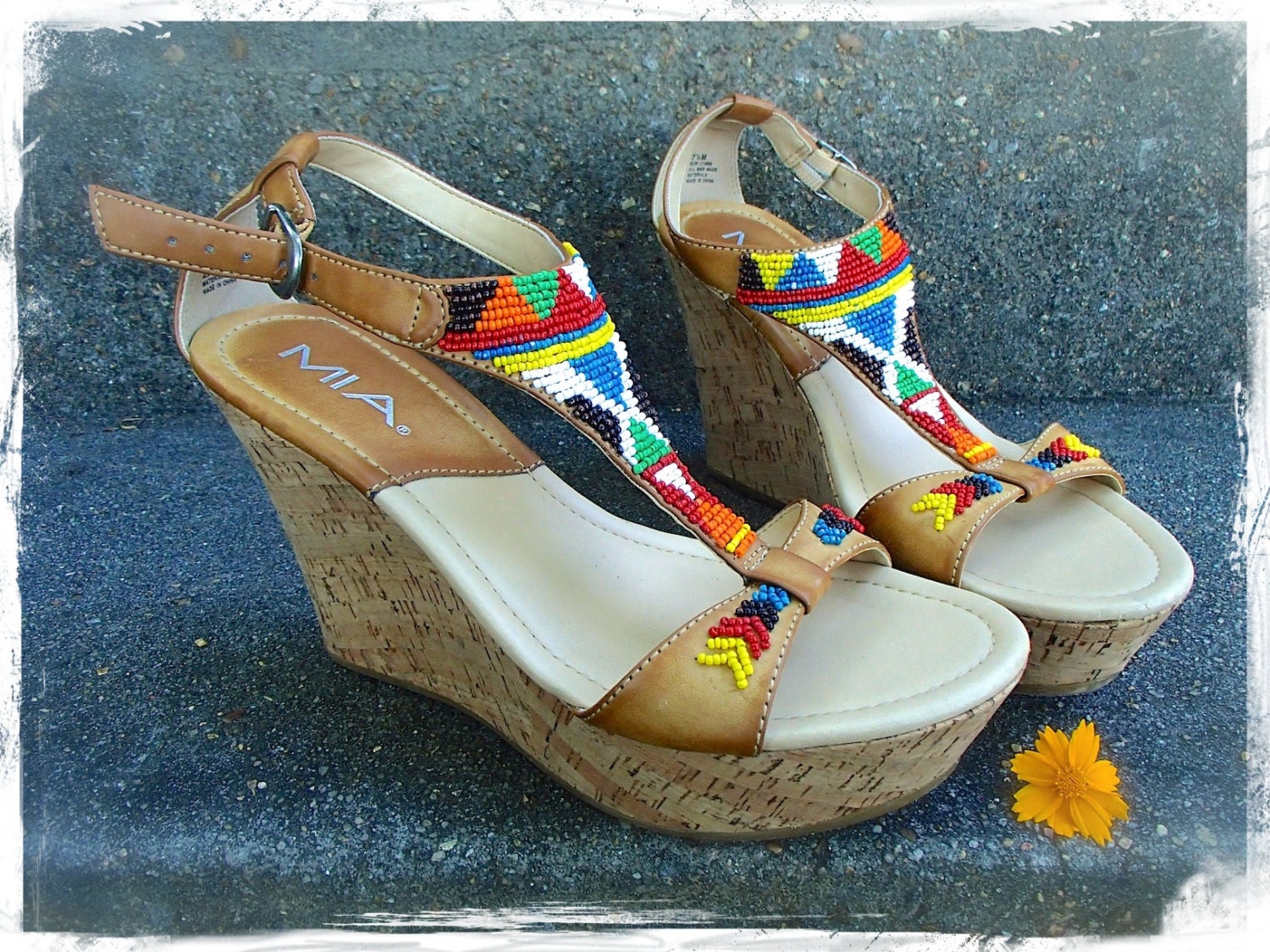 Tribal WEDGE SANDALS Native American BEADED Sandals Strap