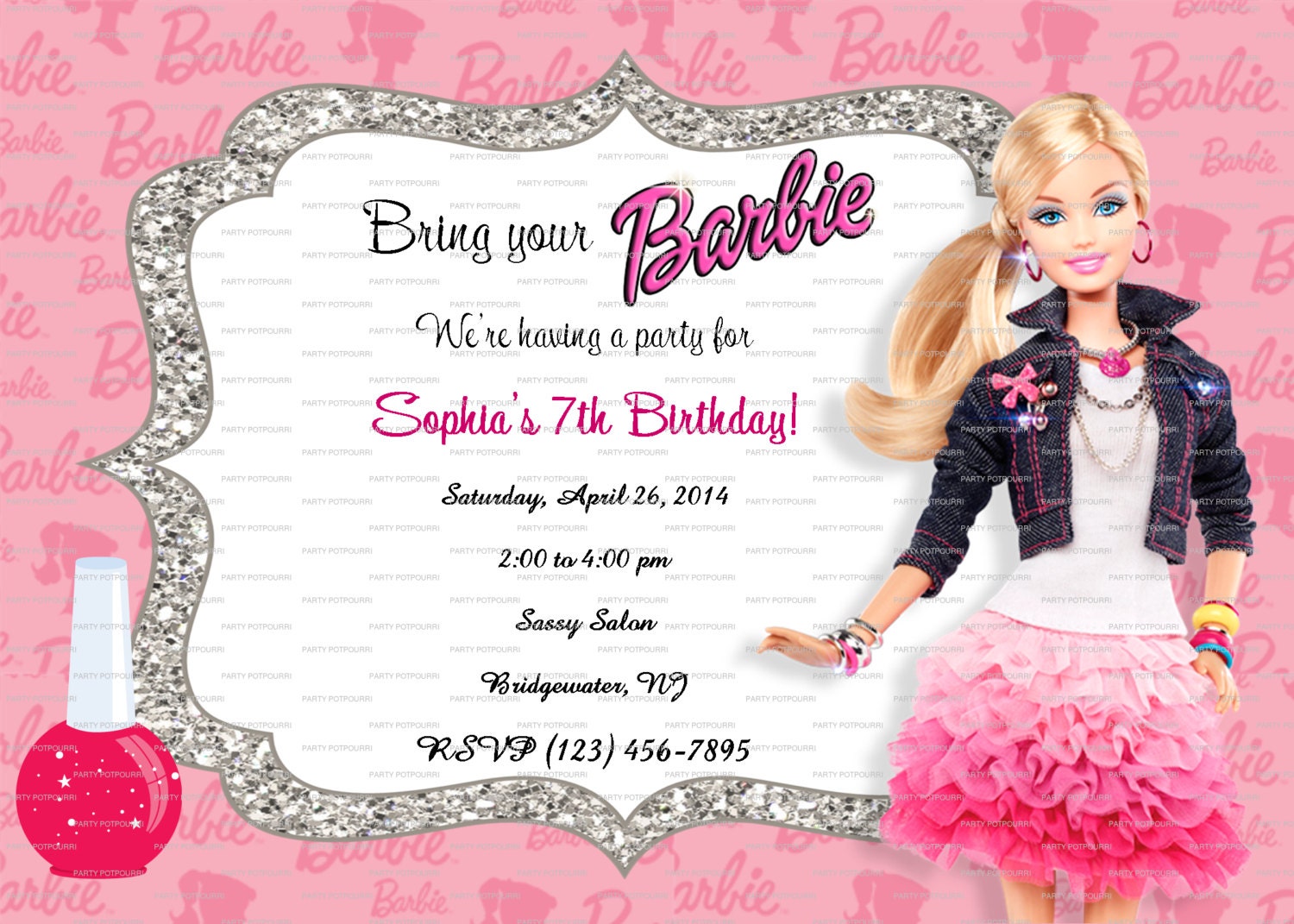 Custom Barbie Fashionista Birthday Invitation 5x7 Digital File