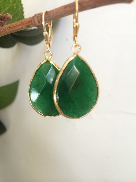 Items similar to Dark green jade and gold plated silver drop shape ...
