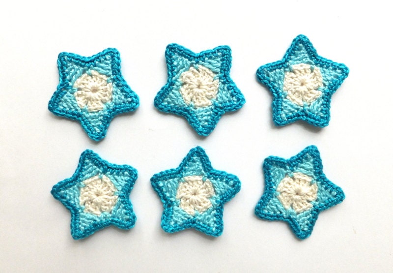 Crocheted stars applique, blue Christmas stars decorations, small gift wrapping, holiday ornaments /set of 6/