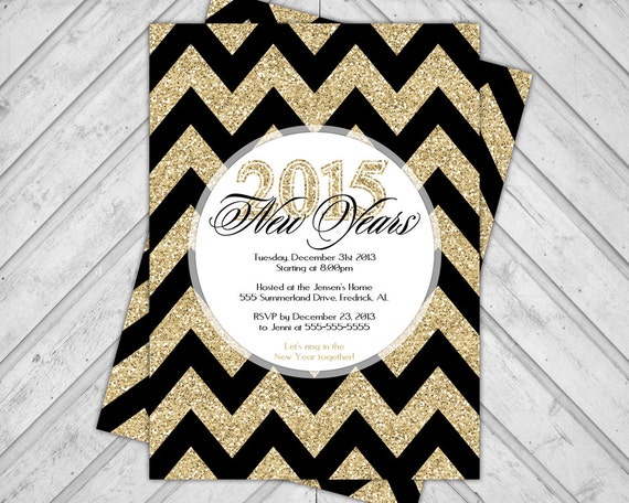 gold and black new years party invitation 2014 - printable new years eve party invite - faux sparkle invite chevron - DIY or printed (560) Il_570xn
