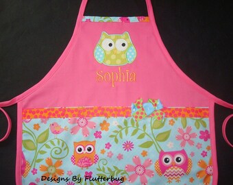 PERSONALIZED Kids Apron with Appliqued Owl - Pink, Green, Orange and Blue