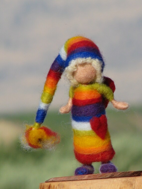 Needle felted Waldorf inspired Rainbow elf with heart