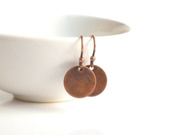 Copper Disk Earrings - small antique / aged finish round rust brown flat disc on little simple ball ear hook - lightweight minimalist style