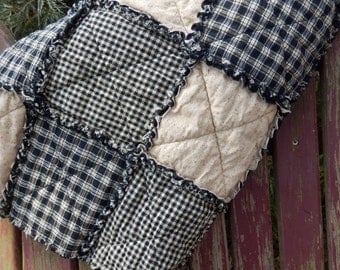 King Size Black and Tan Rag Quilt, Homespun Quilt, Primitive Country Decor, Farmhouse Quilt, Rustic Decor, Handmade in NJ
