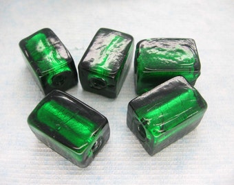 Murano Style Lampwork Glass Silver Foil Oblong Beads Green - Set of 5