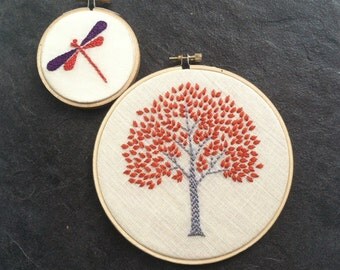 Tree & Dragonfly. hand embroidered. hoop art. orange. magenta. citrine. aqua. purple. spring green. wall wear. hand embroidery by mlmxoxo