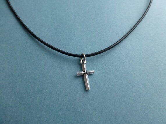 silver cross necklace thin black leather boy by wonderkath on Etsy