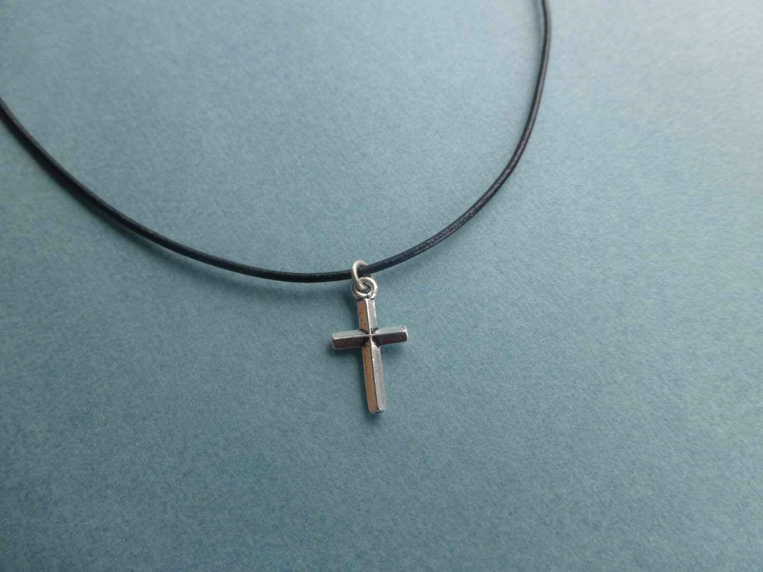 silver cross necklace thin black leather boy by wonderkath on Etsy