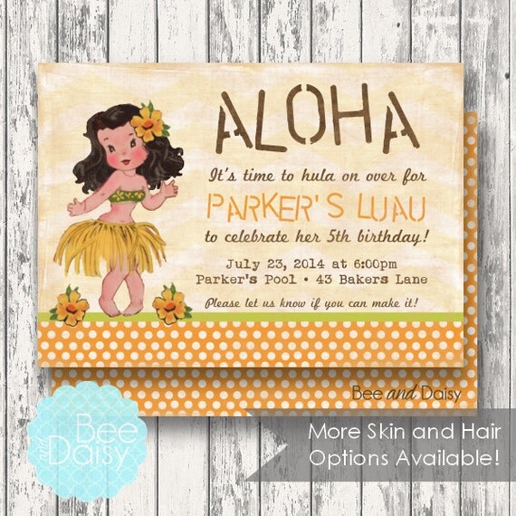 Vintage Luau Invitation for Birthday Party or Baby Shower - Girls Hula DIY Printable Invite by BeeAndDaisy - Skin and Hair Options Il_570xn