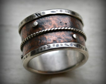 mens wide band wedding ring rustic fine silver and copper ring with silver rivets - Wide Band Wedding Rings mens wide band wedding ring rustic fine silver and copper ring with silver rivets - Wide Band Wedding Rings