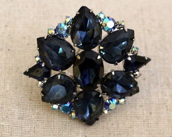Blue and Aurora Borealis Rhinestone Pin / Brooch