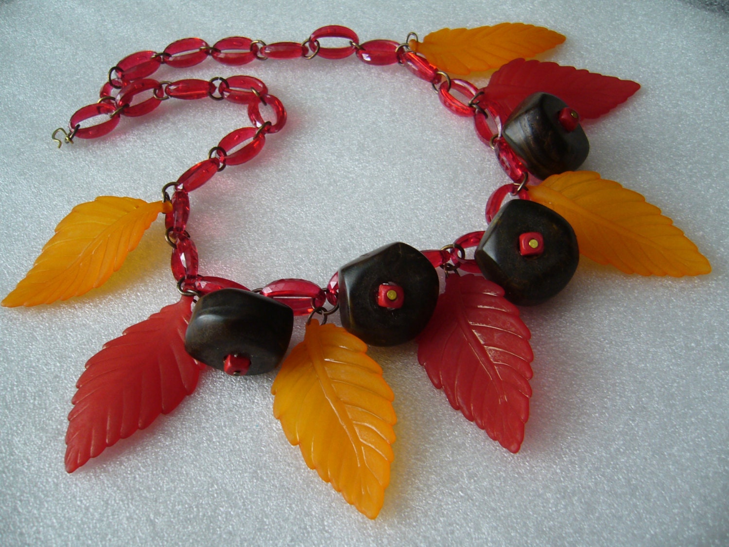 Vintage lucite early plastic wood leaves fruits necklace