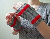 Red and Grey Striped Fingerless Gloves - Ribbed Handknit Wrist Warmers