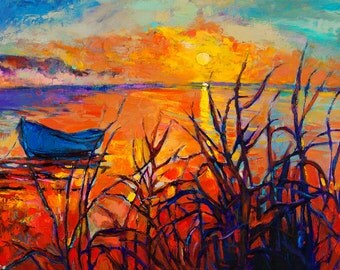 Original Oil-Blue boat 16x24in, Landscape Painting Original Art Impressionistic OIl on Canvas by Ivailo Nikolov