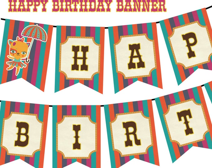 Vintage Circus Happy Birthday Banner Bunting - DIY - Print your own - Instant Download