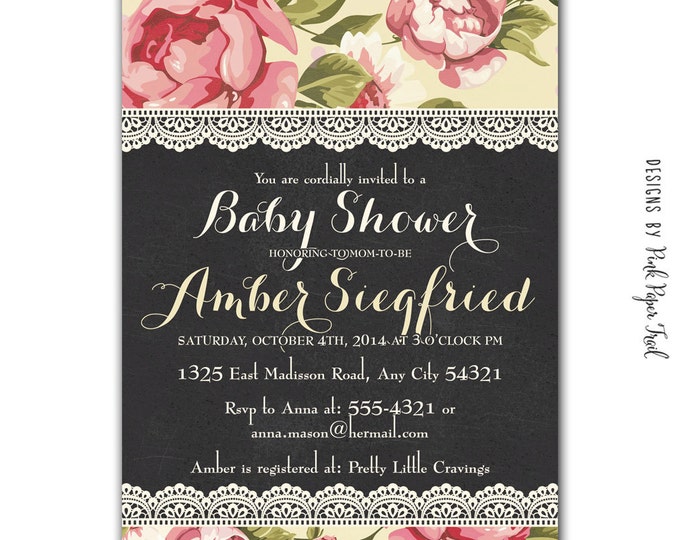Shabby Chic Floral and Chalkboard Style Invitation v.2, Customizable Wordings, Printable, Wedding, Bridal Shower, Baby Shower