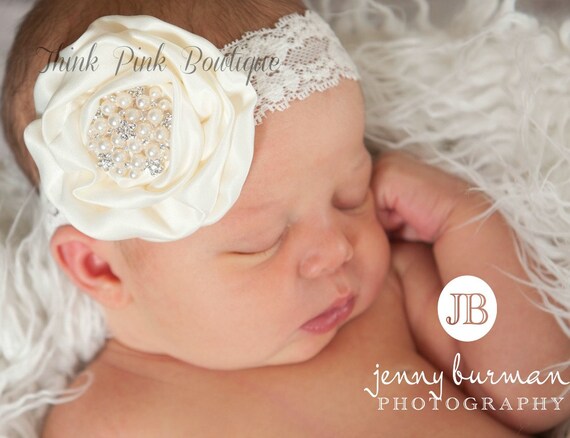 Ivory Baby headband,baby headbands, newborn headband, Baptism headband, Christening Headband, Flower Baby Headband,Infant headband, Baby Bow by ThinkPinkBows