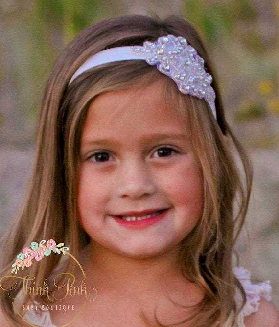 Rhinestone Headband, Flower Girl Headband, baby headbands,crystal headband, Christening Headband, Baptism headband, bridal headband. by ThinkPinkBows