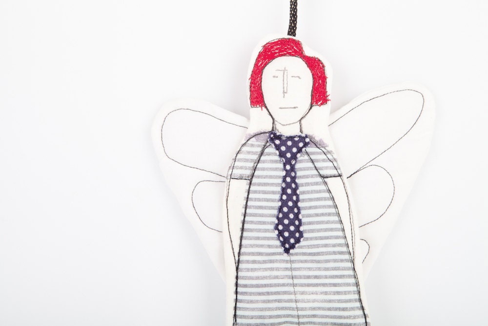 Redhead angel ornament, Black & white modern Tooth Fairy or cupid ,in striped dress and navy blue polka dot tie - handmade fabric dolll
