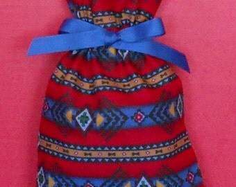 Native American Red and Blue Small Fabric Gift Bag - Southwest, Ethnic, Cultural, Tribal, Blanket, Navy Blue, Yellow, Tan, Green, Black