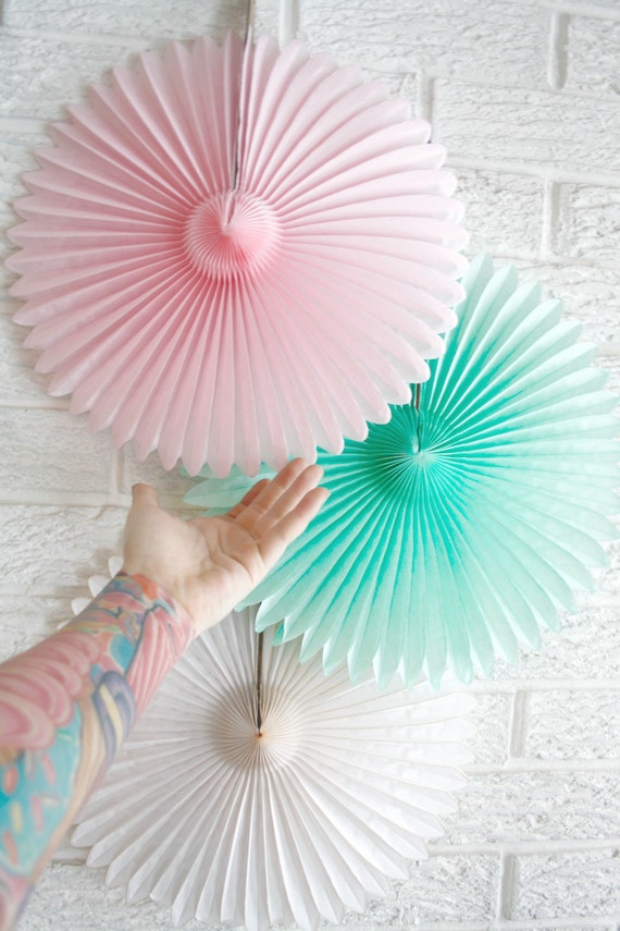 Party Decor Paper Fans .... Pick Your Colors // weddings // birthdays// party decorations // candy dessert buffet table // peach coral aqua Il_570xn